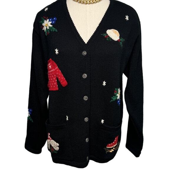 Vintage Talbots 100% wool novelty winter theme cardigan sweater size 8 medium M